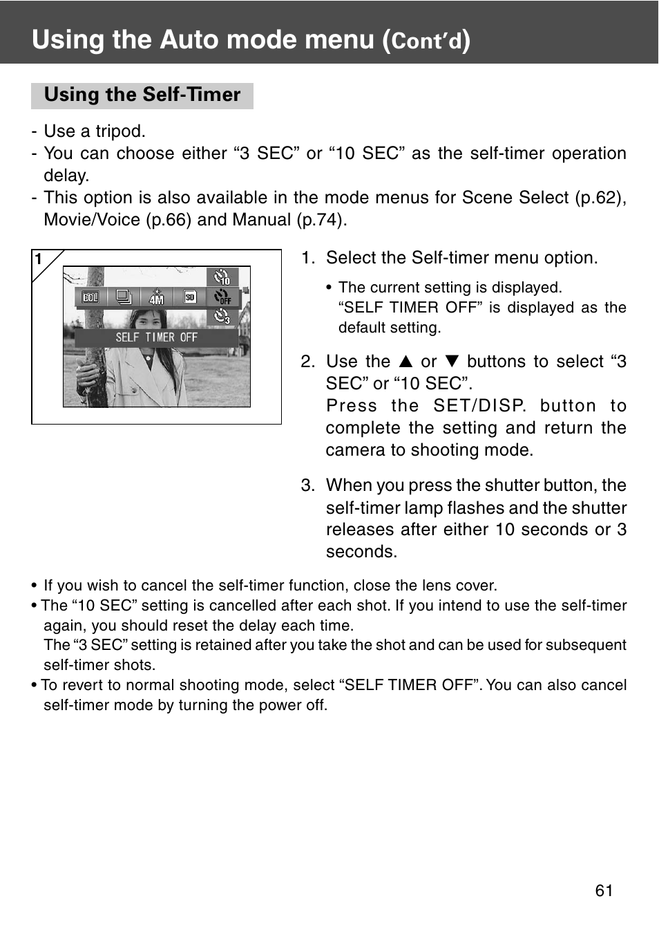 Using the self-timer, Using the auto mode menu, Cont’d | Konica Minolta REVIO KD-420Z User Manual | Page 61 / 141