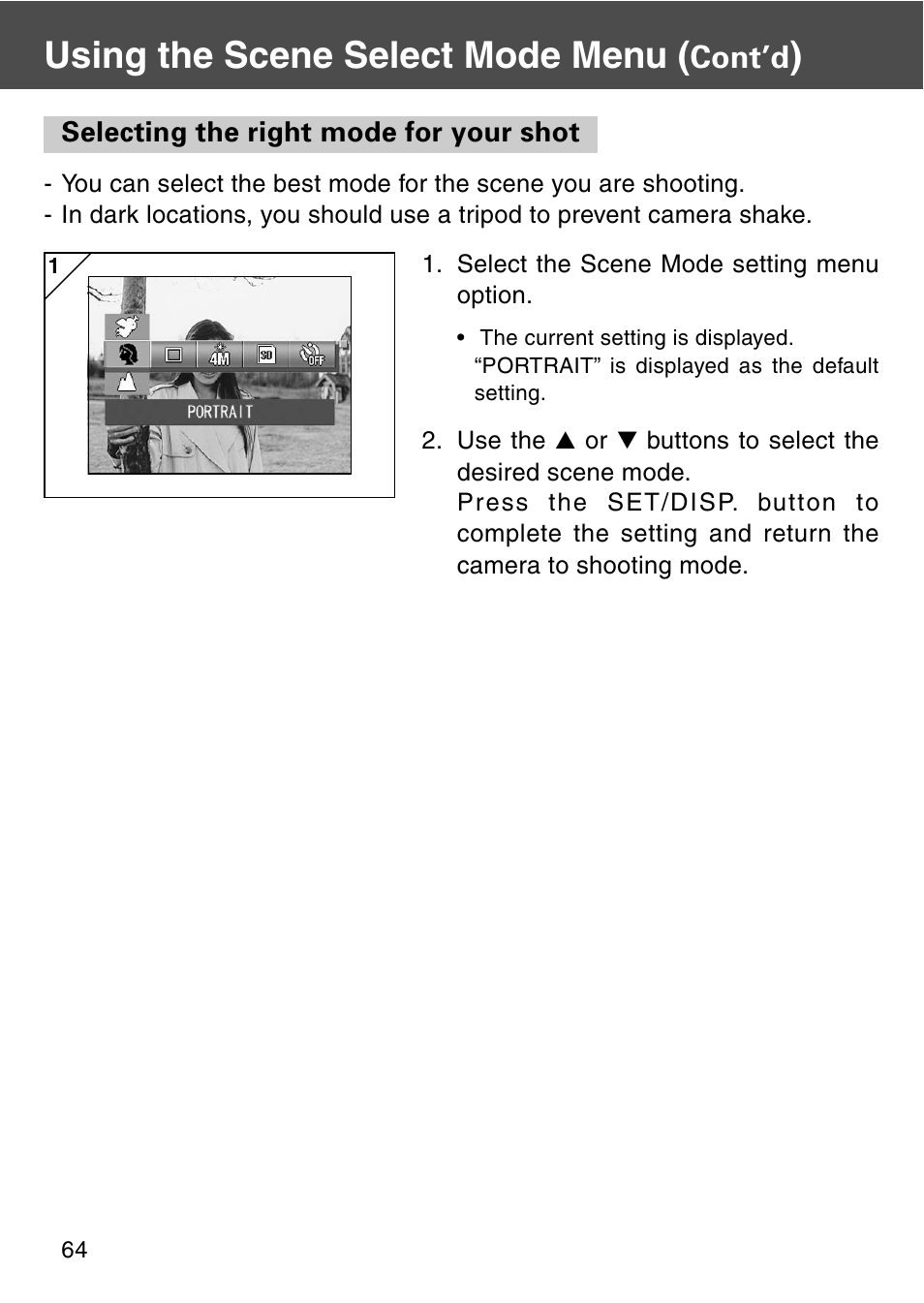 Selecting the right mode for your shot, Using the scene select mode menu, Cont’d | Konica Minolta REVIO KD-420Z User Manual | Page 64 / 141