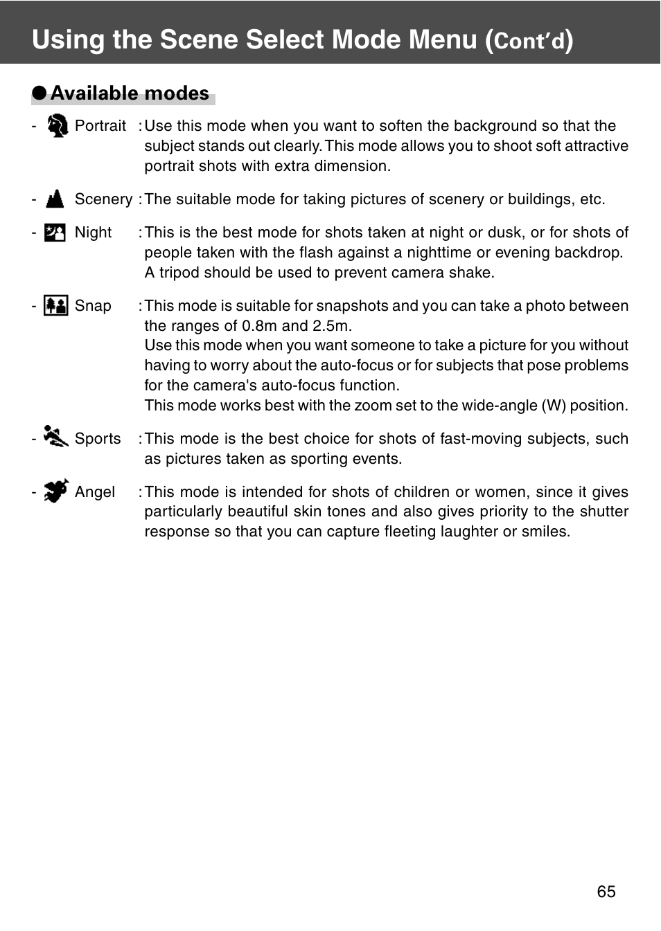 Using the scene select mode menu, Cont’d, Available modes | Konica Minolta REVIO KD-420Z User Manual | Page 65 / 141
