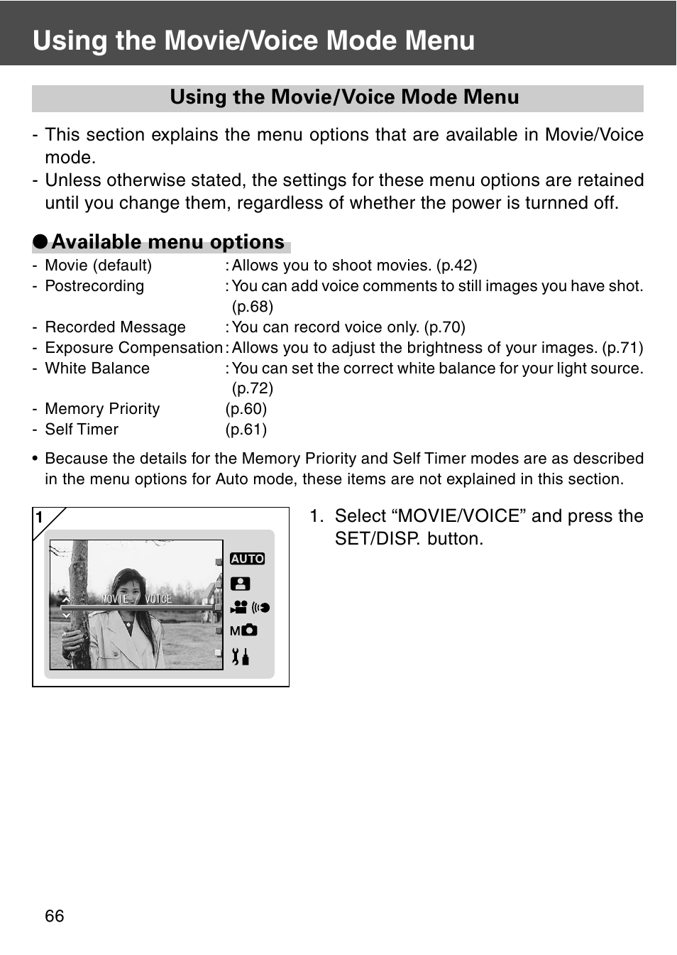 Using the movie/voice mode menu, Available menu options | Konica Minolta REVIO KD-420Z User Manual | Page 66 / 141