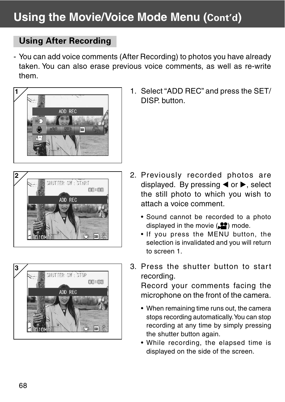 Using after recording, Using the movie/voice mode menu, Cont’d | Konica Minolta REVIO KD-420Z User Manual | Page 68 / 141