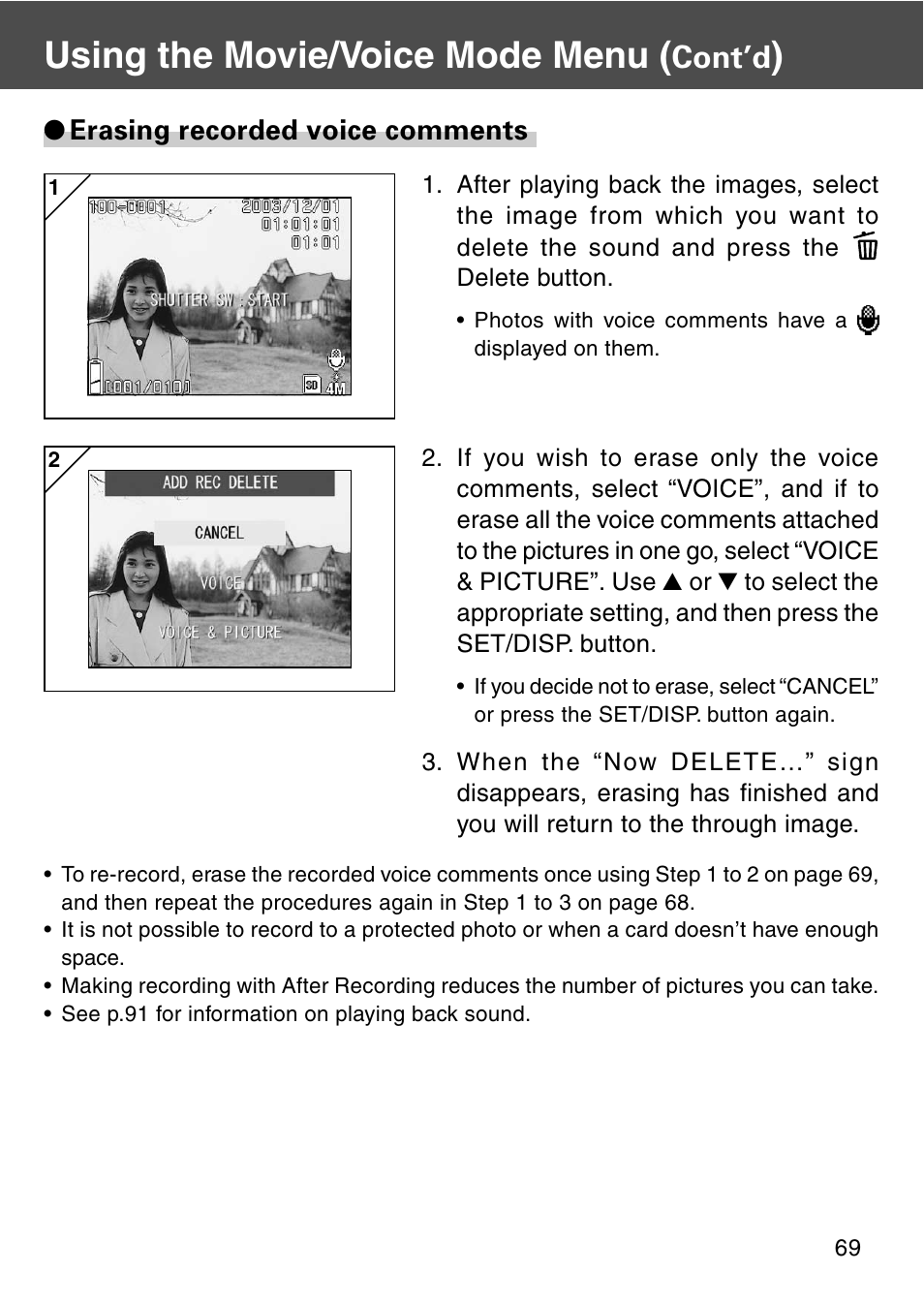Using the movie/voice mode menu, Cont’d | Konica Minolta REVIO KD-420Z User Manual | Page 69 / 141