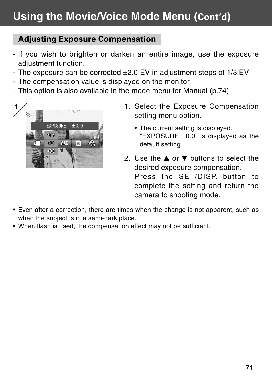 Adjusting exposure compensation, Using the movie/voice mode menu, Cont’d | Konica Minolta REVIO KD-420Z User Manual | Page 71 / 141