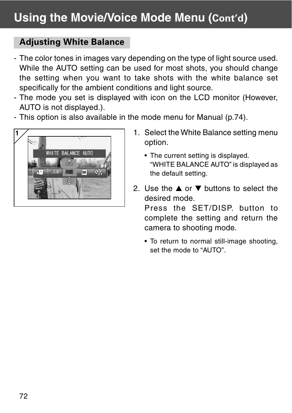 Adjusting white balance, Using the movie/voice mode menu, Cont’d | Konica Minolta REVIO KD-420Z User Manual | Page 72 / 141