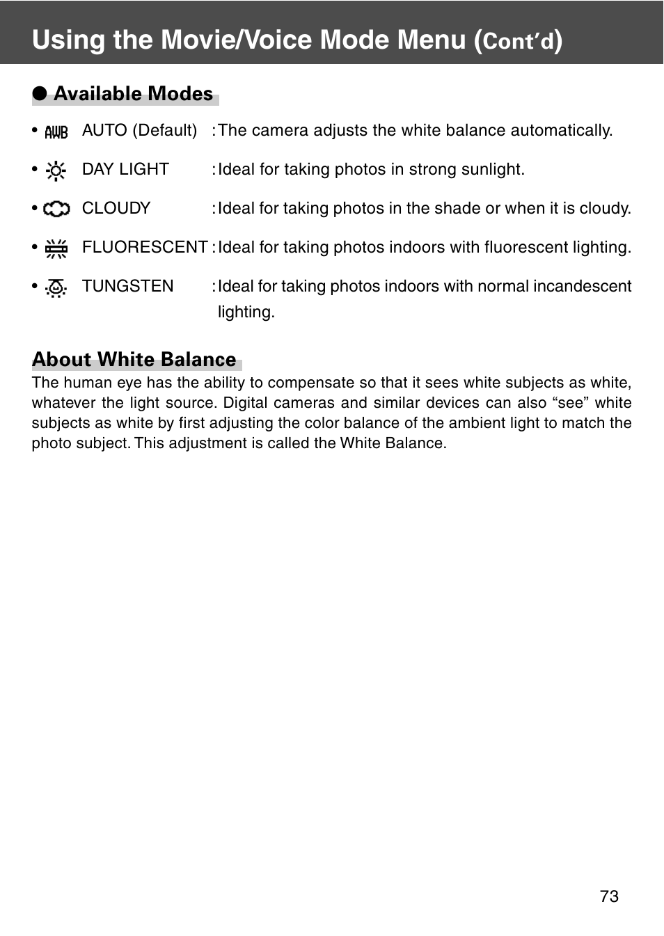 Using the movie/voice mode menu, Cont’d | Konica Minolta REVIO KD-420Z User Manual | Page 73 / 141