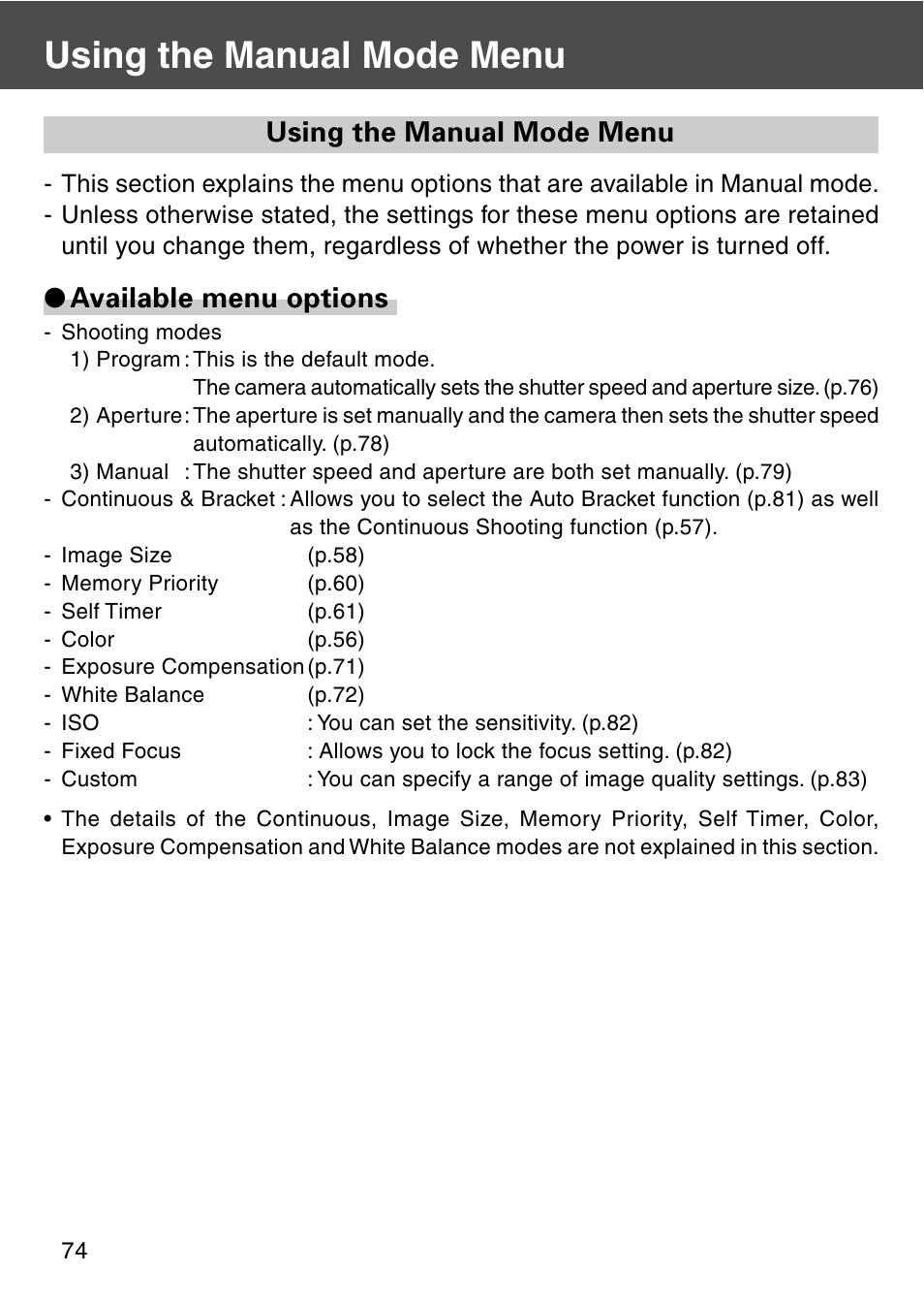 Using the manual mode menu, Available menu options | Konica Minolta REVIO KD-420Z User Manual | Page 74 / 141