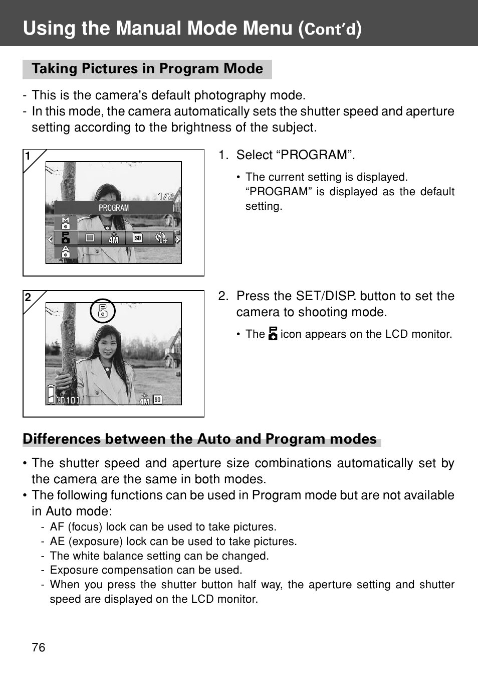 Taking pictures in program mode, Using the manual mode menu, Cont’d | Konica Minolta REVIO KD-420Z User Manual | Page 76 / 141