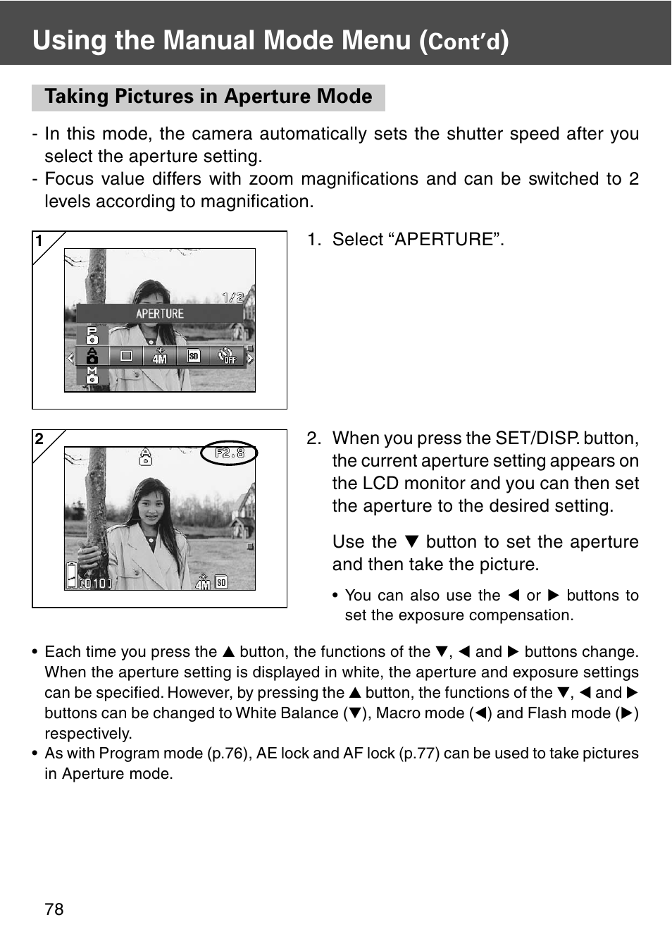 Taking pictures in aperture mode, Using the manual mode menu, Cont’d | Konica Minolta REVIO KD-420Z User Manual | Page 78 / 141