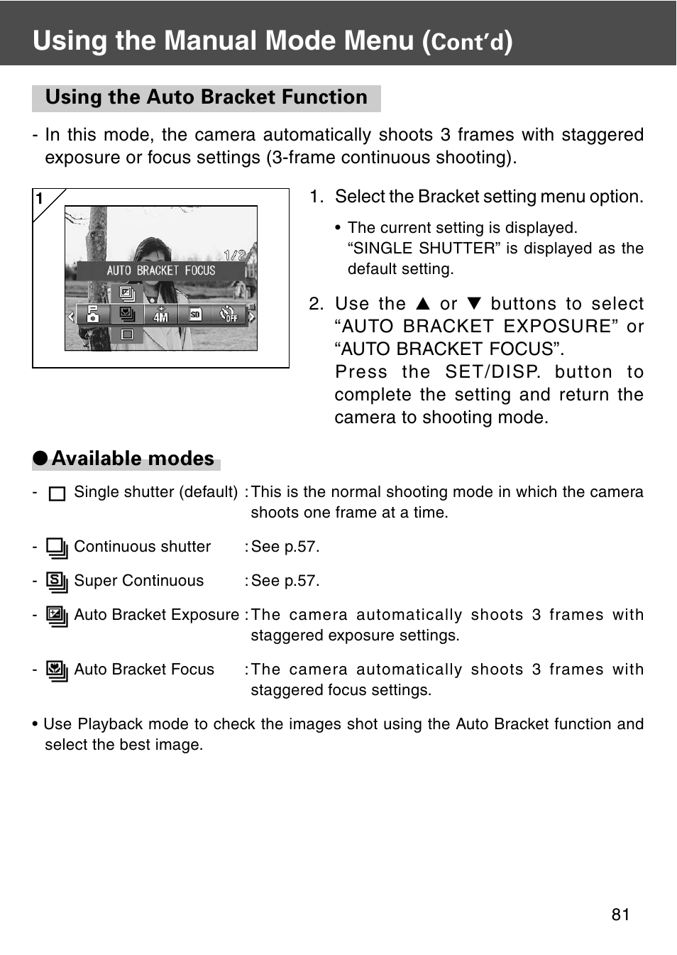Using the auto bracket function, Using the manual mode menu, Cont’d | Available modes | Konica Minolta REVIO KD-420Z User Manual | Page 81 / 141