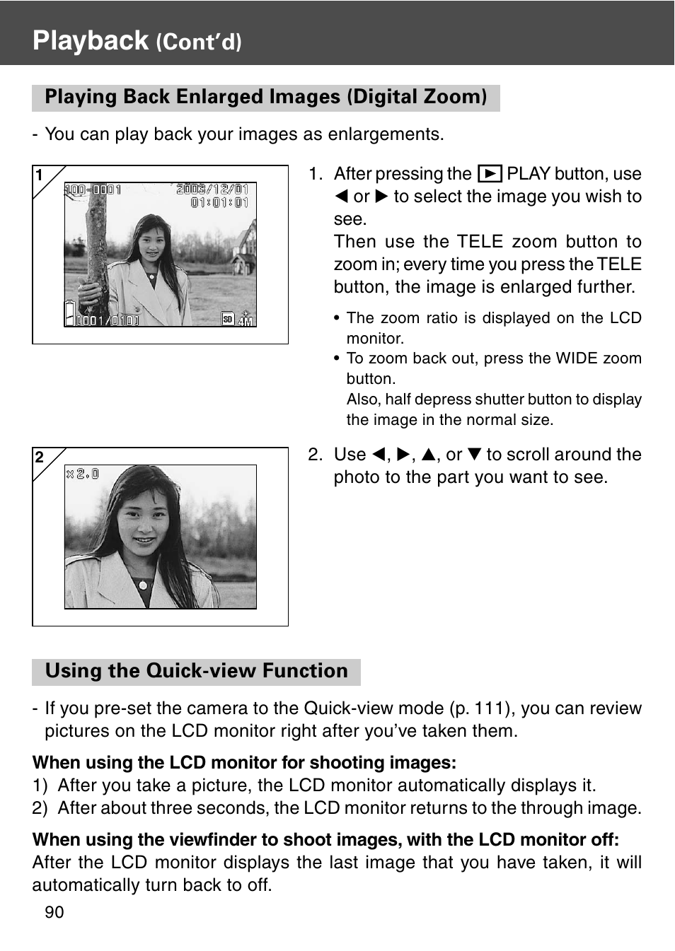 Playing back enlarged images (digital zoom), Using the quick-view function, Playback | Cont’d) | Konica Minolta REVIO KD-420Z User Manual | Page 90 / 141