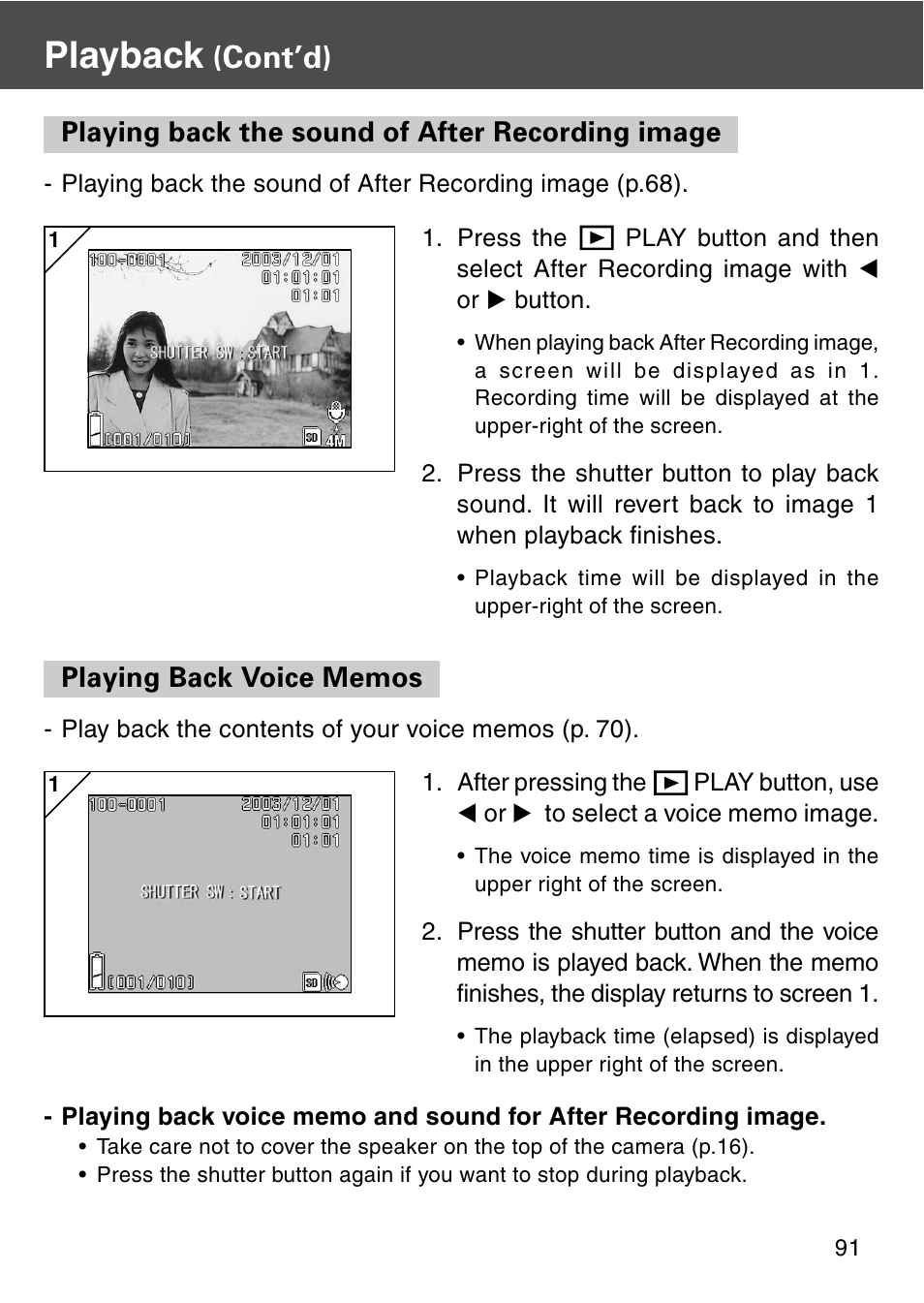 Playing back the sound of after recording image, Playing back voice memos, Playback | Cont’d) | Konica Minolta REVIO KD-420Z User Manual | Page 91 / 141