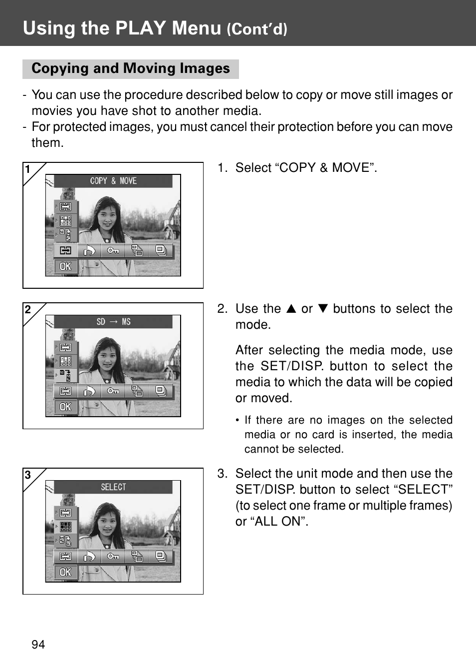 Copying and moving images, Using the play menu, Cont’d) | Konica Minolta REVIO KD-420Z User Manual | Page 94 / 141