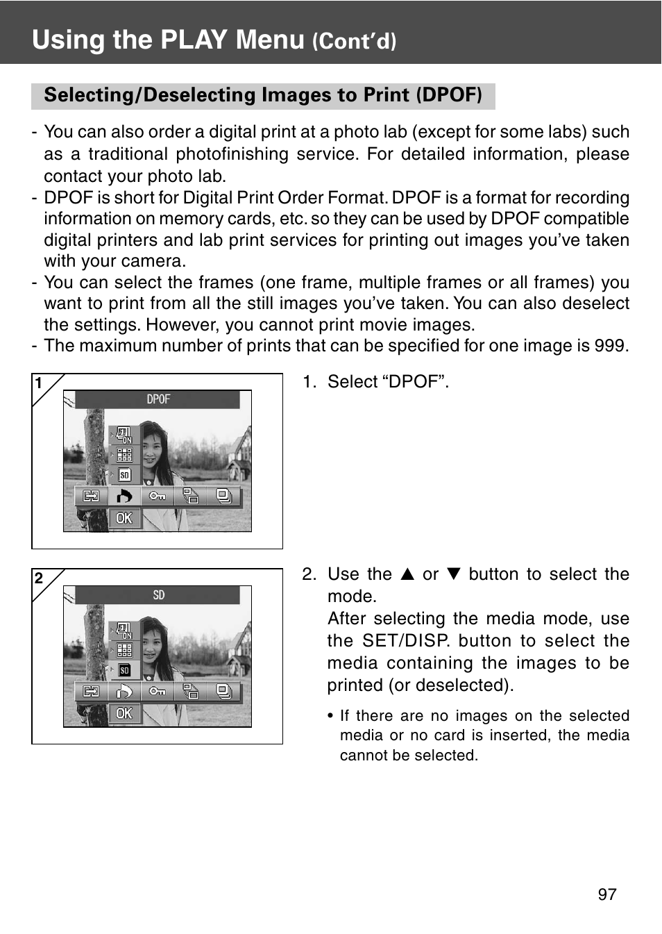 Selecting/deselecting images to print (dpof), Using the play menu, Cont’d) | Konica Minolta REVIO KD-420Z User Manual | Page 97 / 141