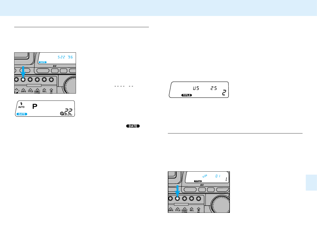 Title imprinting, Imprinting the date or time, Preselecting titles | Konica Minolta APS Camera User Manual | Page 37 / 57
