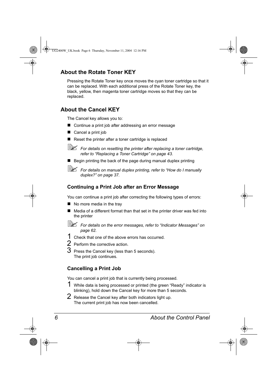 About the rotate toner key, About the cancel key, Continuing a print job after an error message | Cancelling a print job | Konica Minolta Magicolor 2400 User Manual | Page 12 / 96