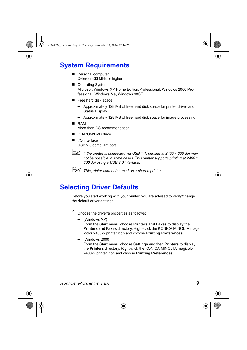 System requirements, Selecting driver defaults, System requirements 9 selecting driver defaults 9 | Konica Minolta Magicolor 2400 User Manual | Page 15 / 96