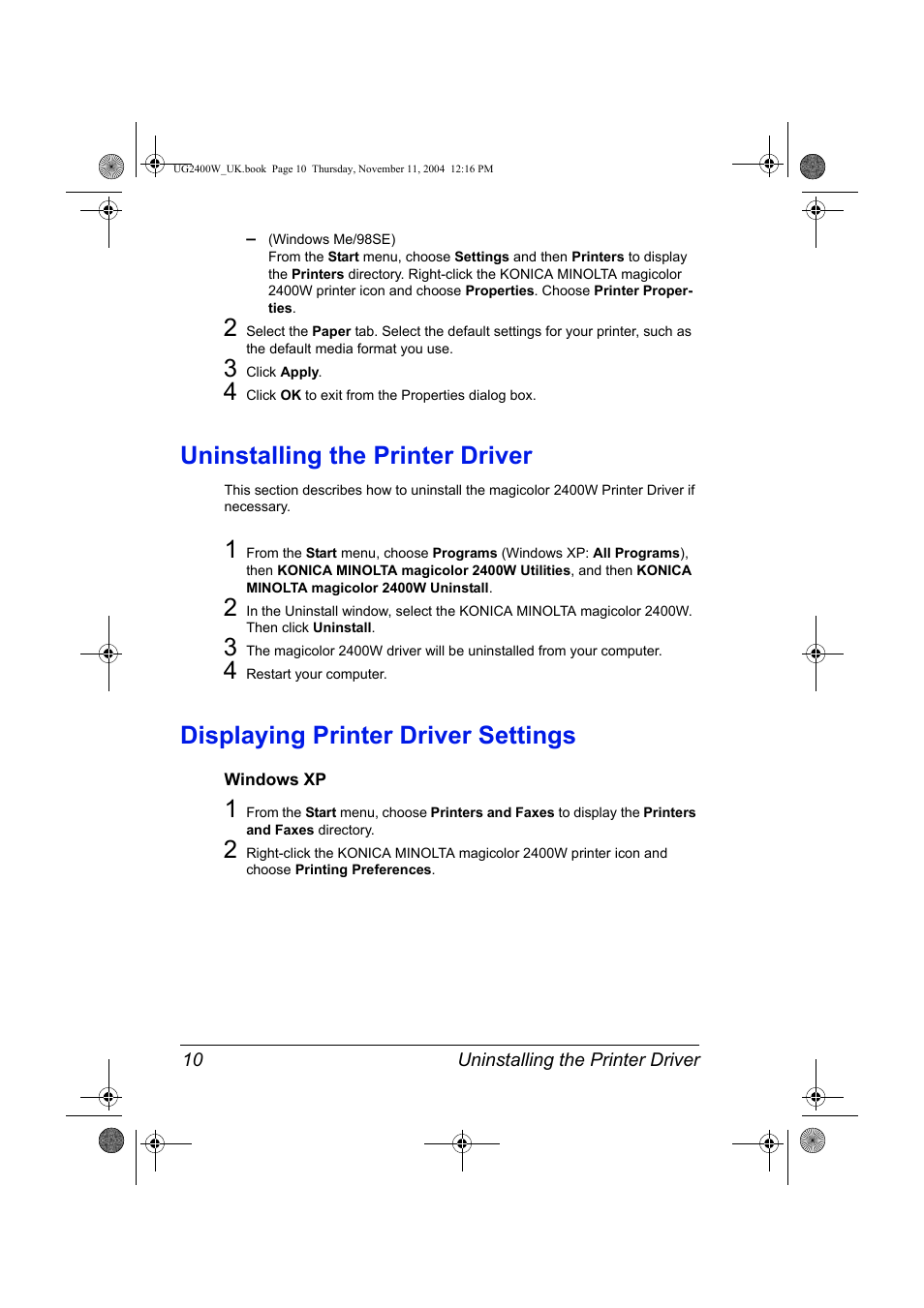 Uninstalling the printer driver, Displaying printer driver settings, Windows xp | Windows xp 10 | Konica Minolta Magicolor 2400 User Manual | Page 16 / 96