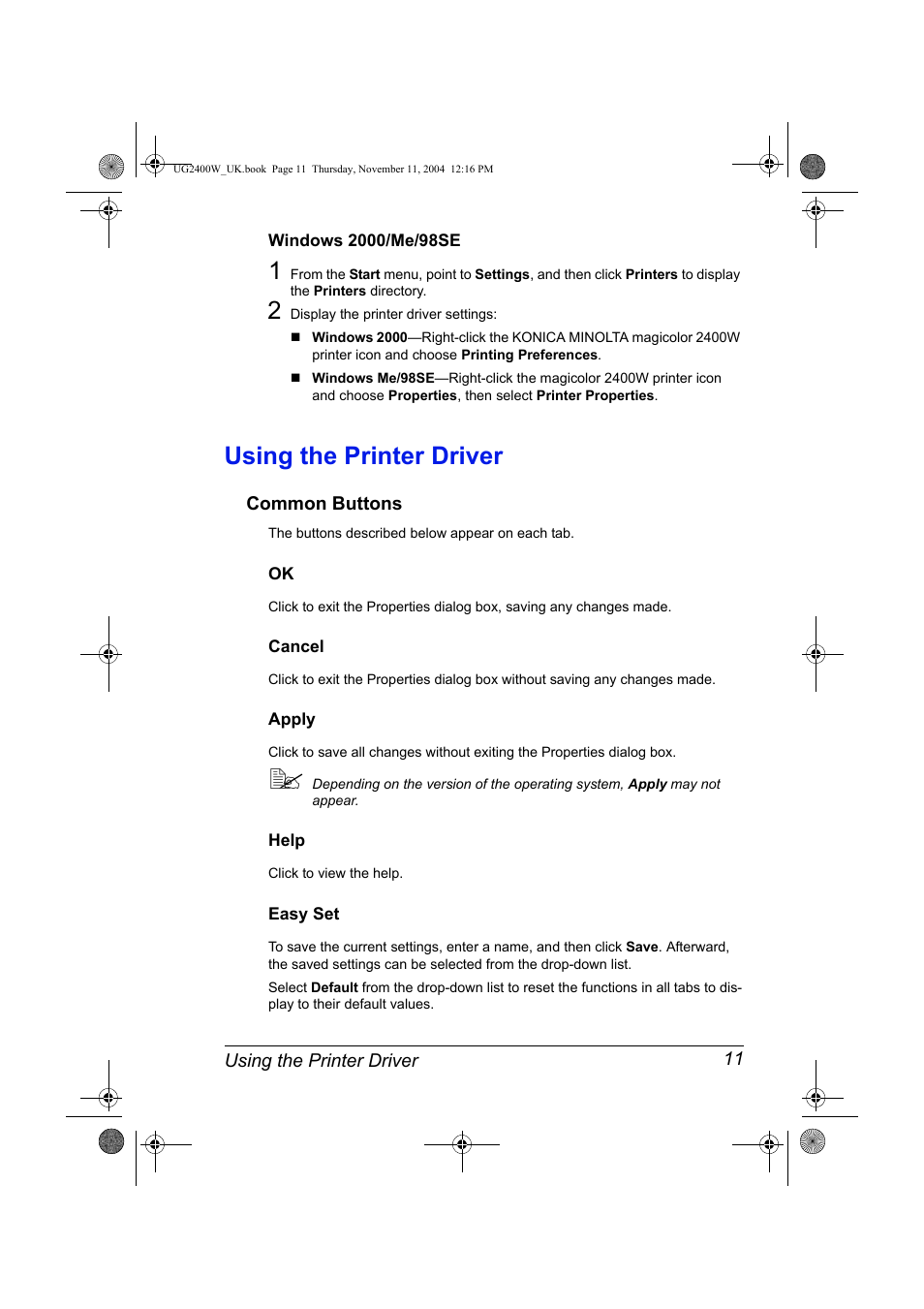 Windows 2000/me/98se, Using the printer driver, Common buttons | Cancel, Apply, Help, Easy set, Windows 2000/me/98se 11, Using the printer driver 11, Common buttons 11 | Konica Minolta Magicolor 2400 User Manual | Page 17 / 96