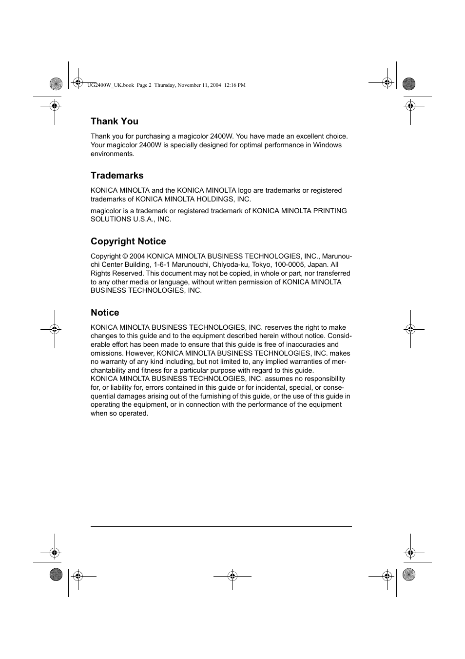 Trademarks, Copyright notice, Notice | Konica Minolta Magicolor 2400 User Manual | Page 2 / 96