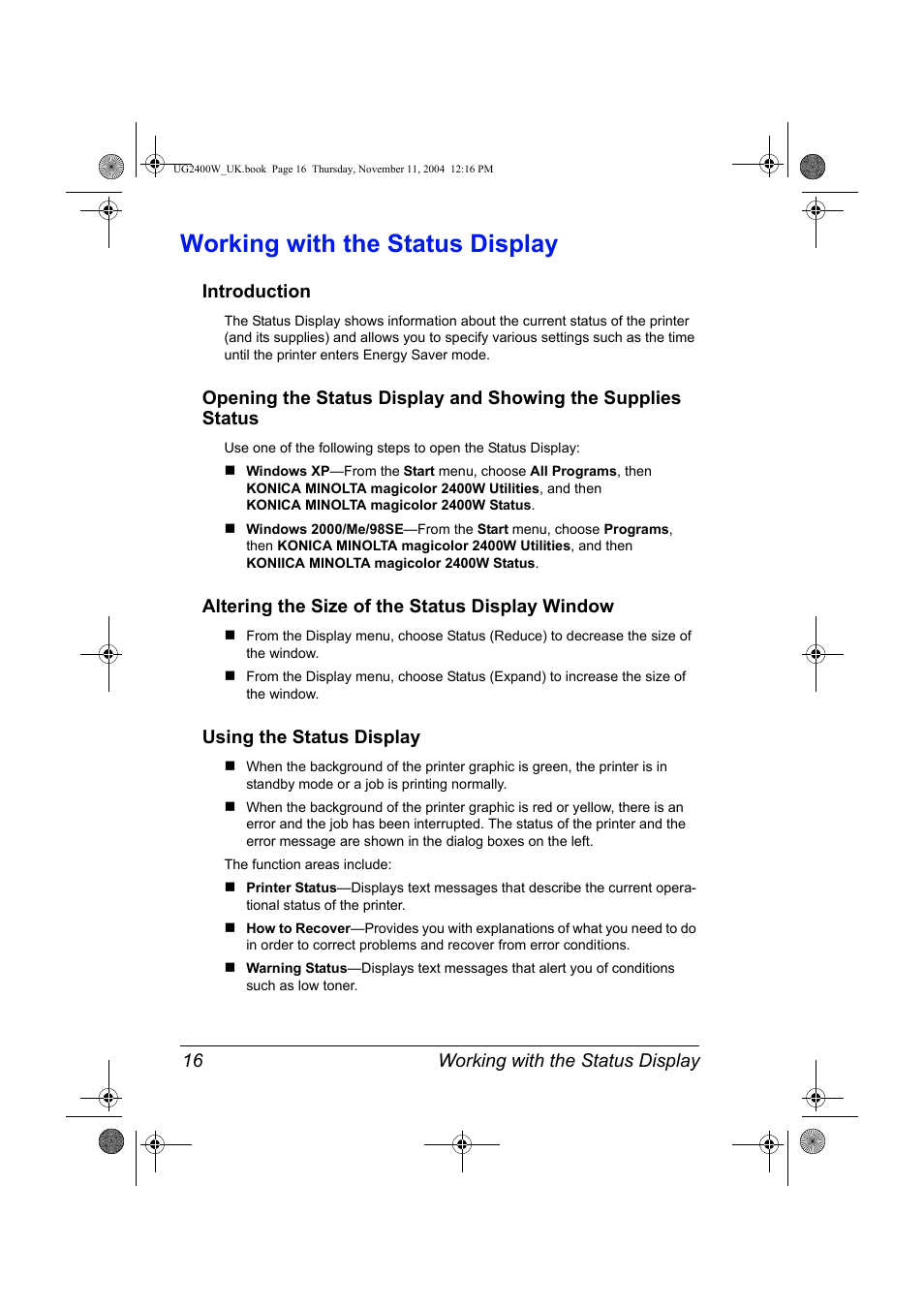 Working with the status display, Introduction, Altering the size of the status display window | Using the status display, Working with the status display 16 | Konica Minolta Magicolor 2400 User Manual | Page 22 / 96