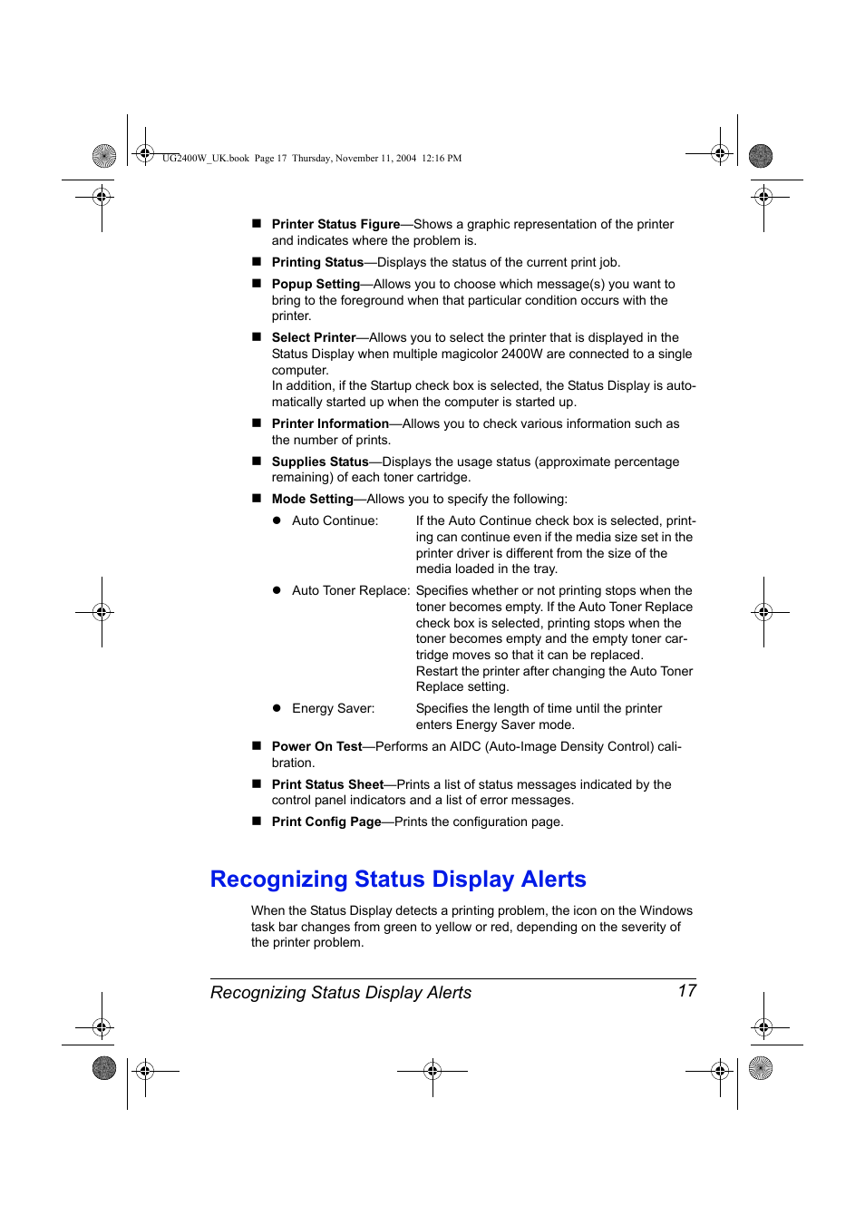 Recognizing status display alerts, Recognizing status display alerts 17 | Konica Minolta Magicolor 2400 User Manual | Page 23 / 96