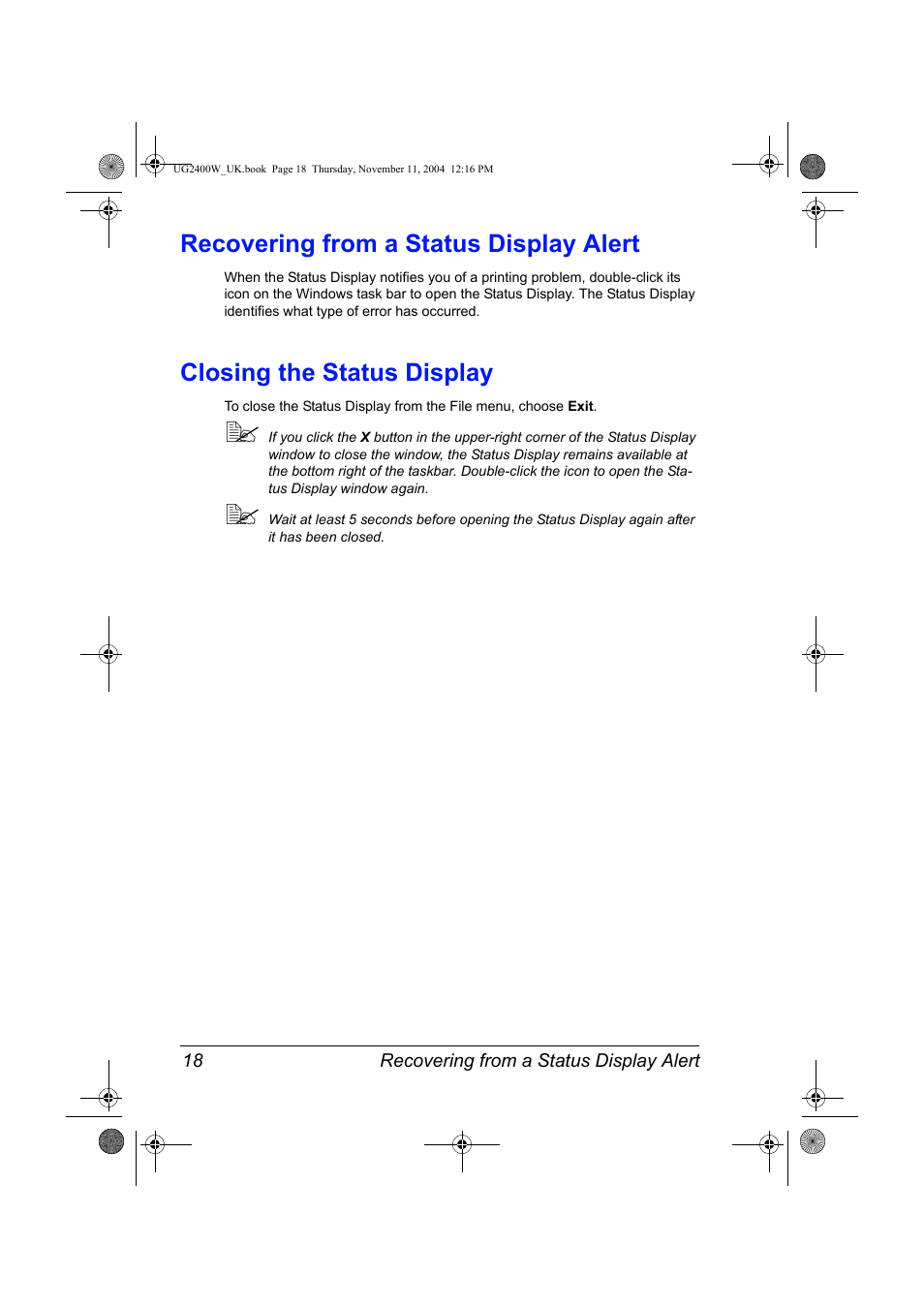 Recovering from a status display alert, Closing the status display | Konica Minolta Magicolor 2400 User Manual | Page 24 / 96