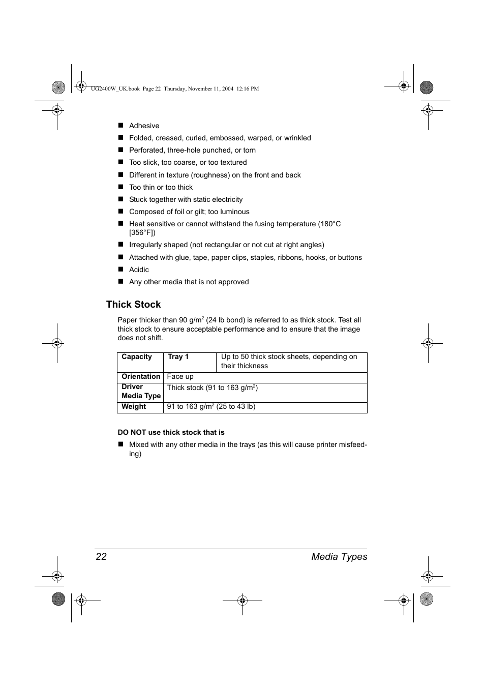 Thick stock, Thick stock 22, Media types 22 | Konica Minolta Magicolor 2400 User Manual | Page 28 / 96