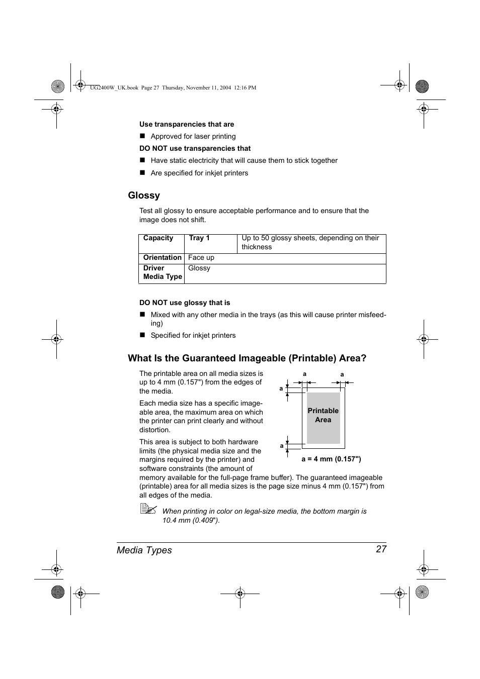 Glossy, What is the guaranteed imageable (printable) area, Media types 27 | Konica Minolta Magicolor 2400 User Manual | Page 33 / 96