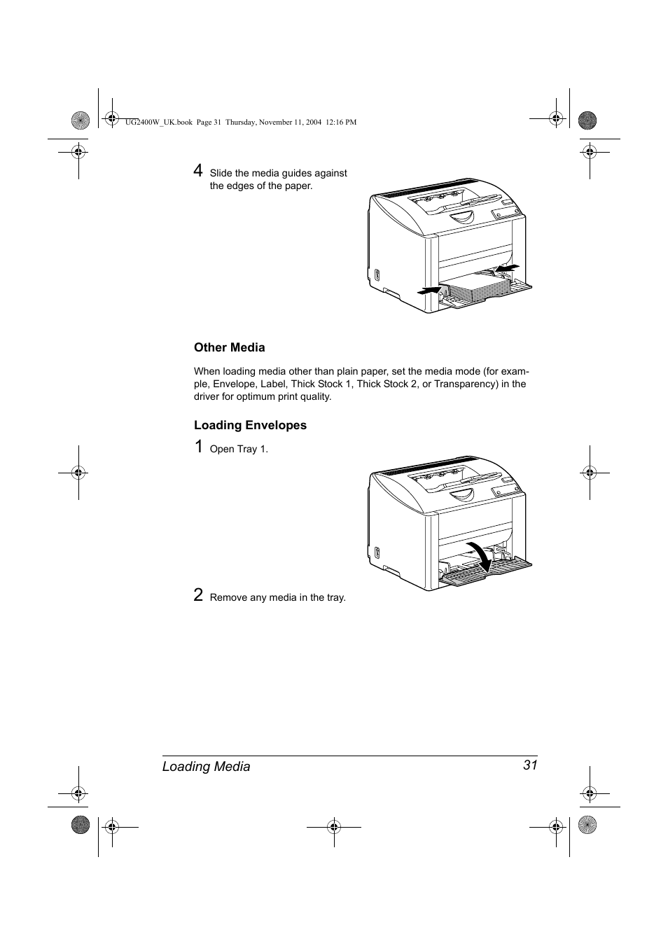 Other media, Loading envelopes, Other media 31 loading envelopes 31 | Konica Minolta Magicolor 2400 User Manual | Page 37 / 96