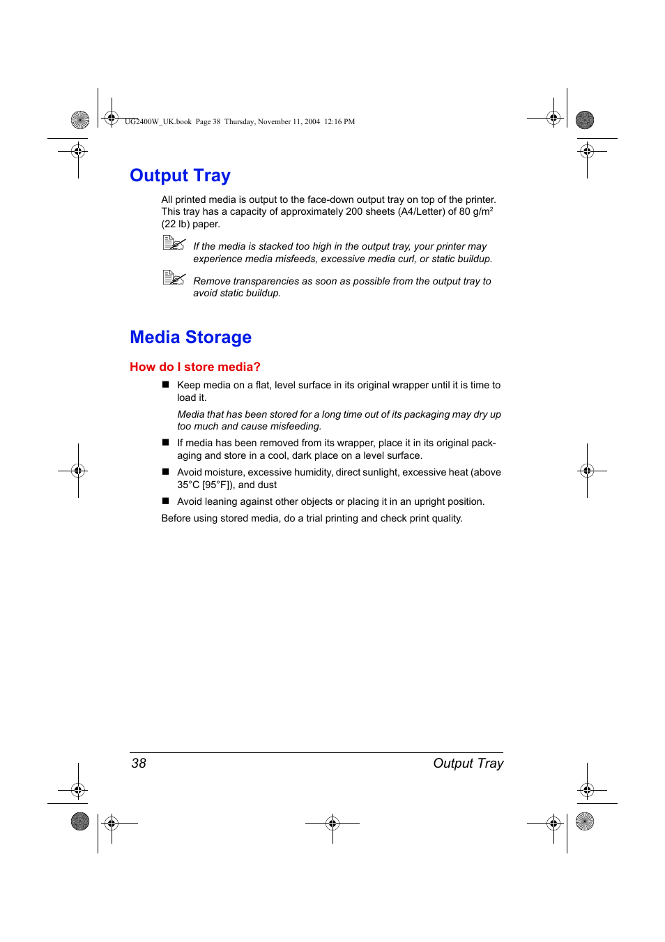 Output tray, Media storage, Output tray 38 media storage 38 | Konica Minolta Magicolor 2400 User Manual | Page 44 / 96