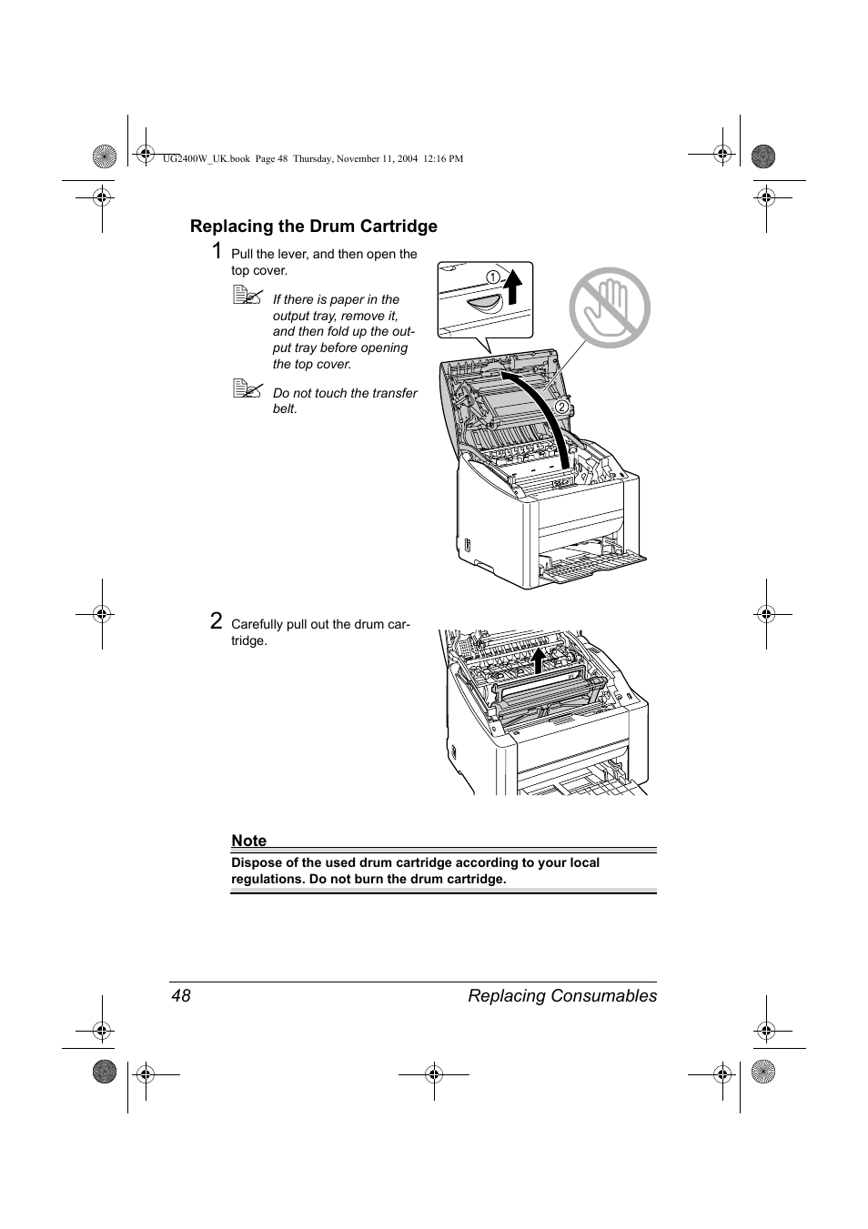 Replacing the drum cartridge, Replacing the drum cartridge 48 | Konica Minolta Magicolor 2400 User Manual | Page 54 / 96