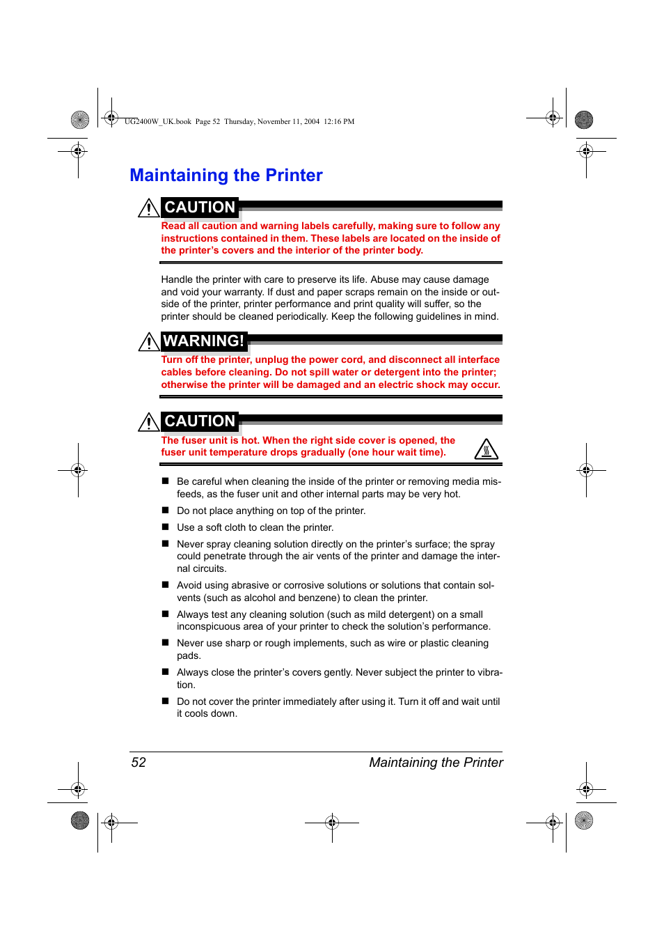 Maintaining the printer, Maintaining the printer 52, Caution | Warning | Konica Minolta Magicolor 2400 User Manual | Page 58 / 96
