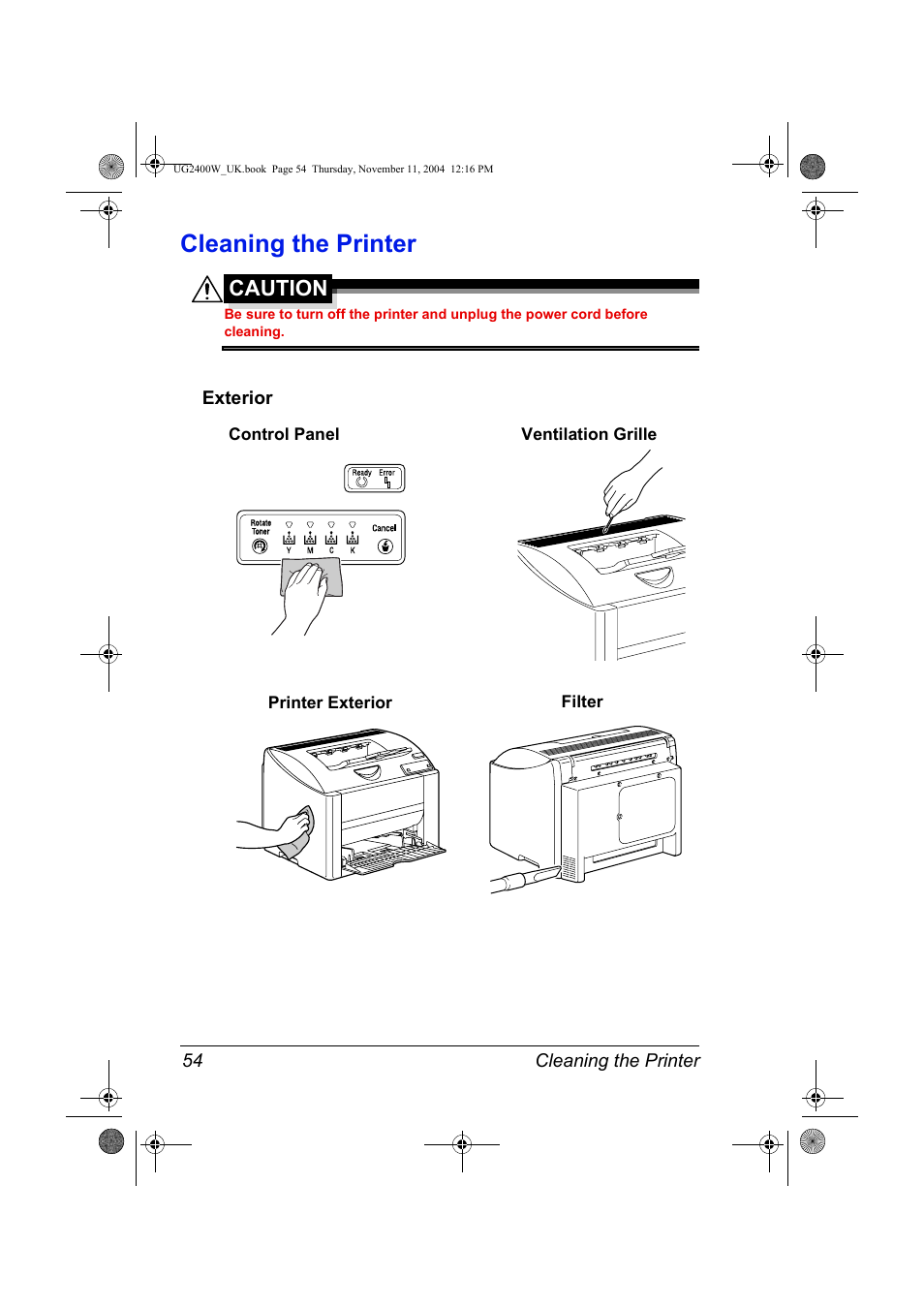 Cleaning the printer, Exterior, Cleaning the printer 54 | Exterior 54, Caution | Konica Minolta Magicolor 2400 User Manual | Page 60 / 96