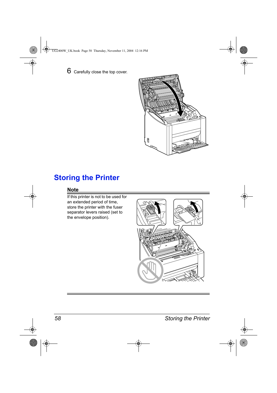 Storing the printer, Storing the printer 58 | Konica Minolta Magicolor 2400 User Manual | Page 64 / 96