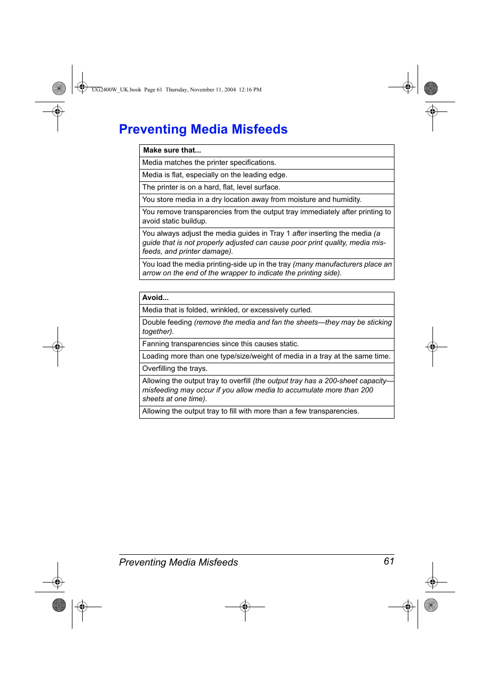 Preventing media misfeeds, Preventing media misfeeds 61 | Konica Minolta Magicolor 2400 User Manual | Page 67 / 96