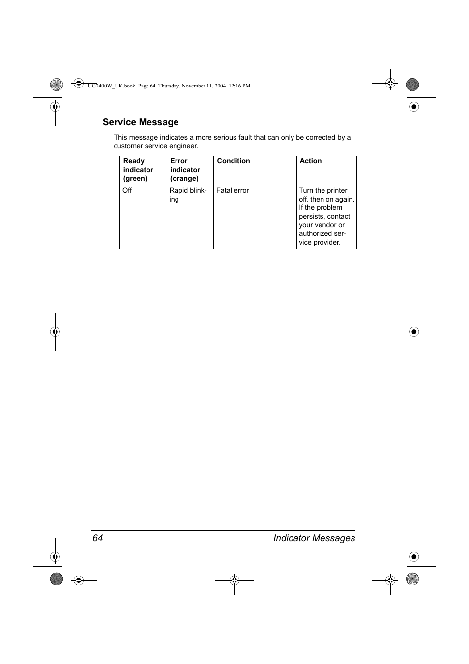 Service message, Service message 64, Indicator messages 64 service message | Konica Minolta Magicolor 2400 User Manual | Page 70 / 96