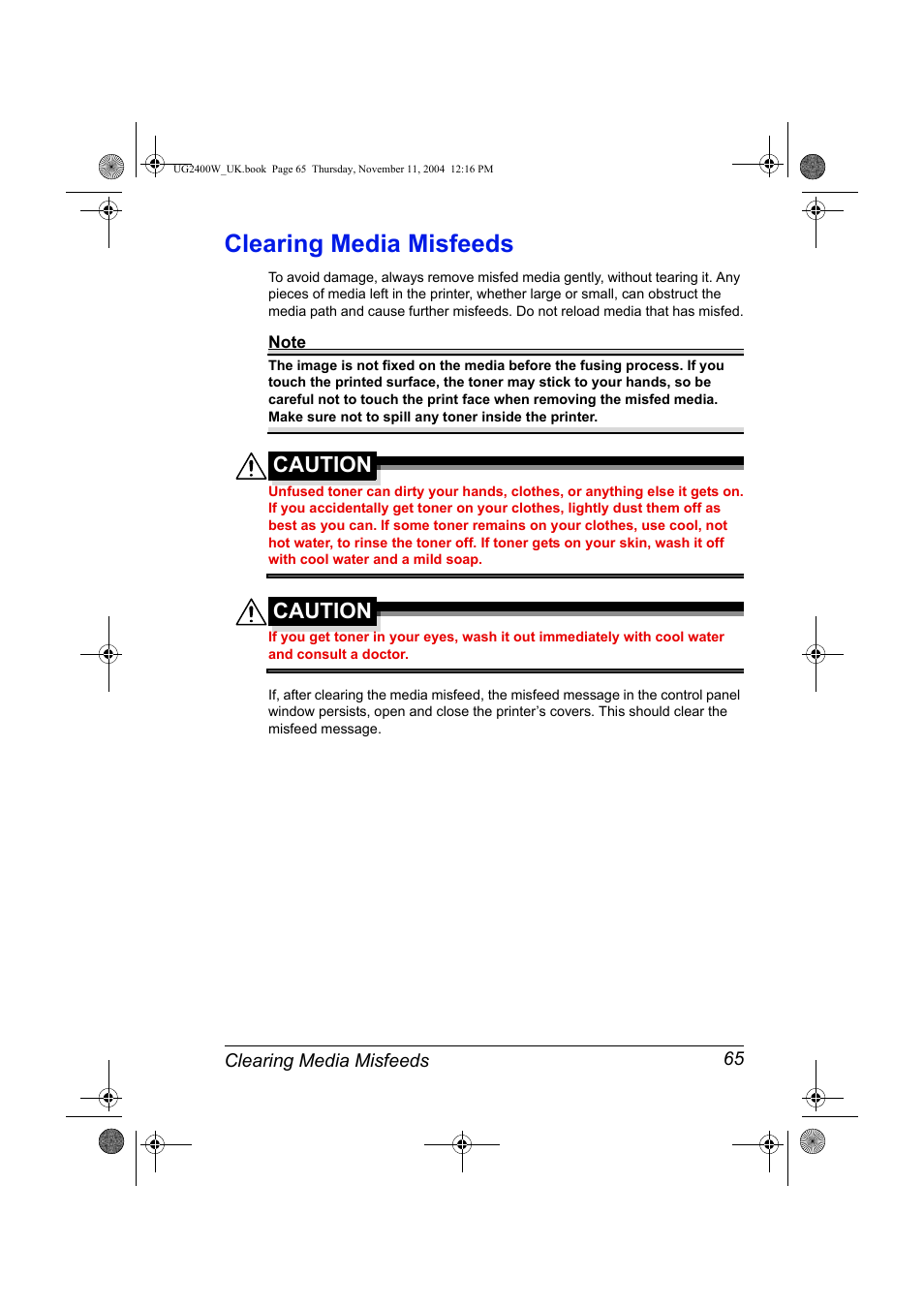 Clearing media misfeeds, Clearing media misfeeds 65, Caution | Konica Minolta Magicolor 2400 User Manual | Page 71 / 96