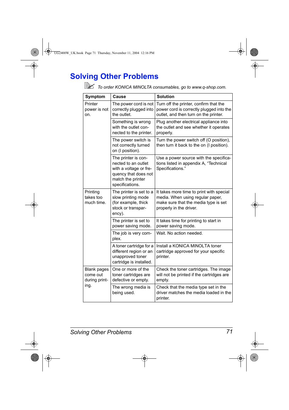 Solving other problems, Solving other problems 72, Solving other problems 71 | Konica Minolta Magicolor 2400 User Manual | Page 77 / 96