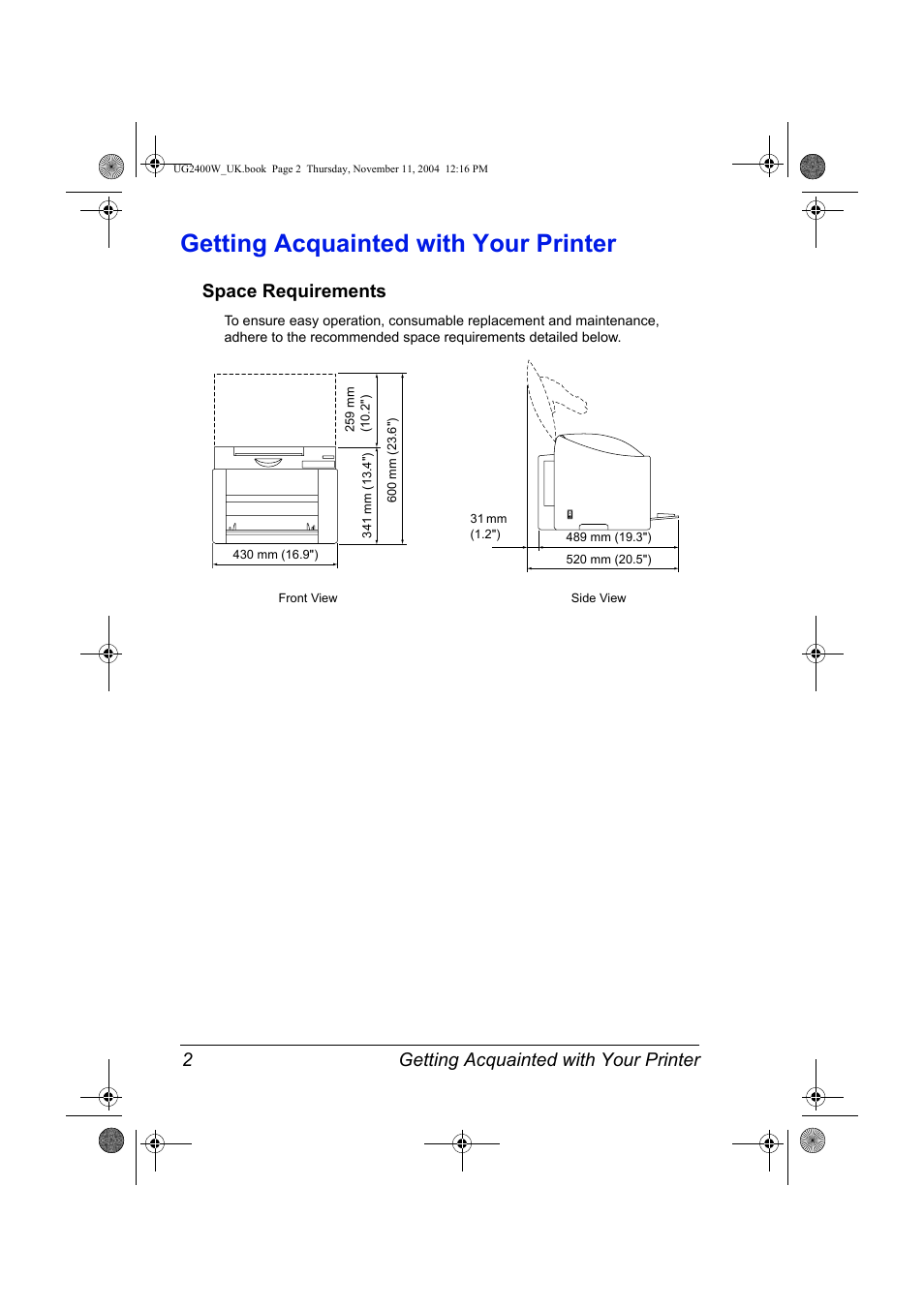 Getting acquainted with your printer, Space requirements, Getting acquainted with your printer 2 | Space requirements 2 | Konica Minolta Magicolor 2400 User Manual | Page 8 / 96