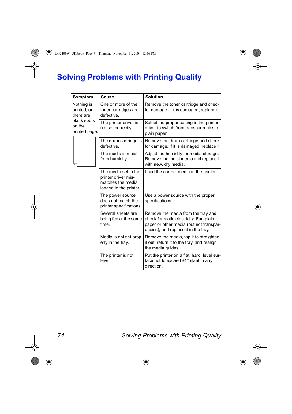 Solving problems with printing quality, Solving problems with printing quality 75, Solving problems with printing quality 74 | Konica Minolta Magicolor 2400 User Manual | Page 80 / 96