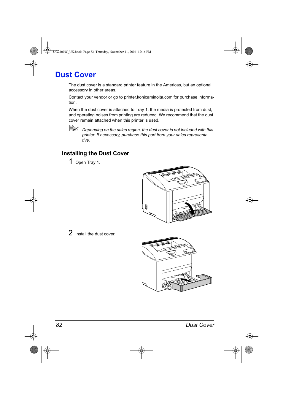 Dust cover, Installing the dust cover, Dust cover 82 | Installing the dust cover 82 | Konica Minolta Magicolor 2400 User Manual | Page 88 / 96