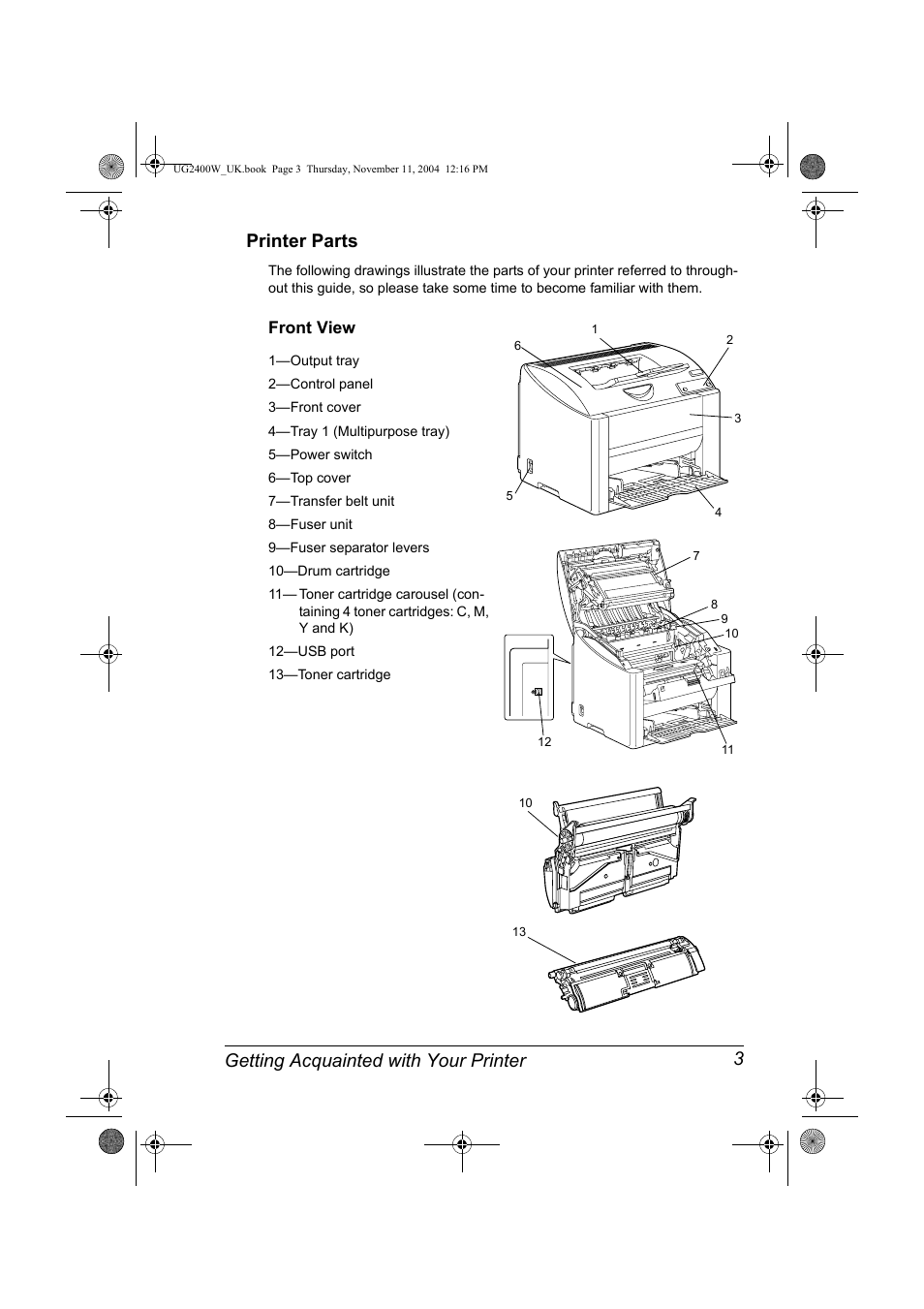 Printer parts, Front view, Printer parts 3 | Front view 3 | Konica Minolta Magicolor 2400 User Manual | Page 9 / 96