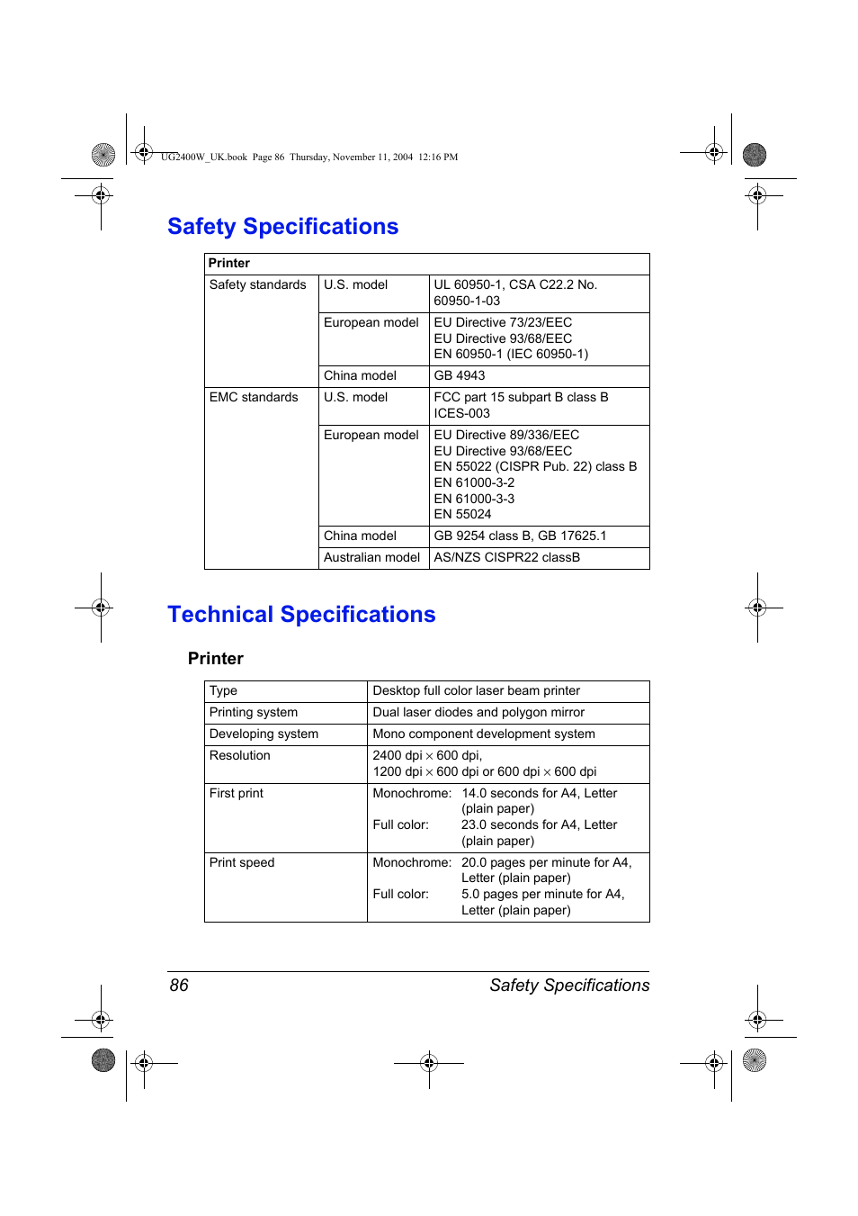 Safety specifications, Technical specifications, Printer | Printer 86, Safety specifications technical specifications, Safety specifications 86 | Konica Minolta Magicolor 2400 User Manual | Page 92 / 96