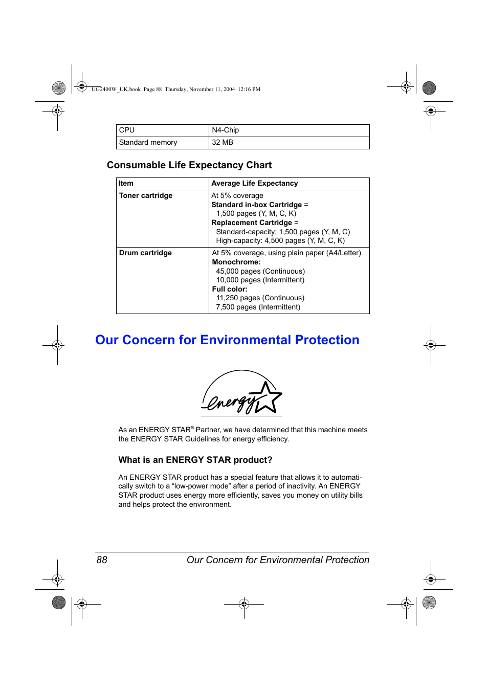 Consumable life expectancy chart, Our concern for environmental protection, What is an energy star product | Consumable life expectancy chart 88, Our concern for environmental protection 88, What is an energy star product? 88 | Konica Minolta Magicolor 2400 User Manual | Page 94 / 96