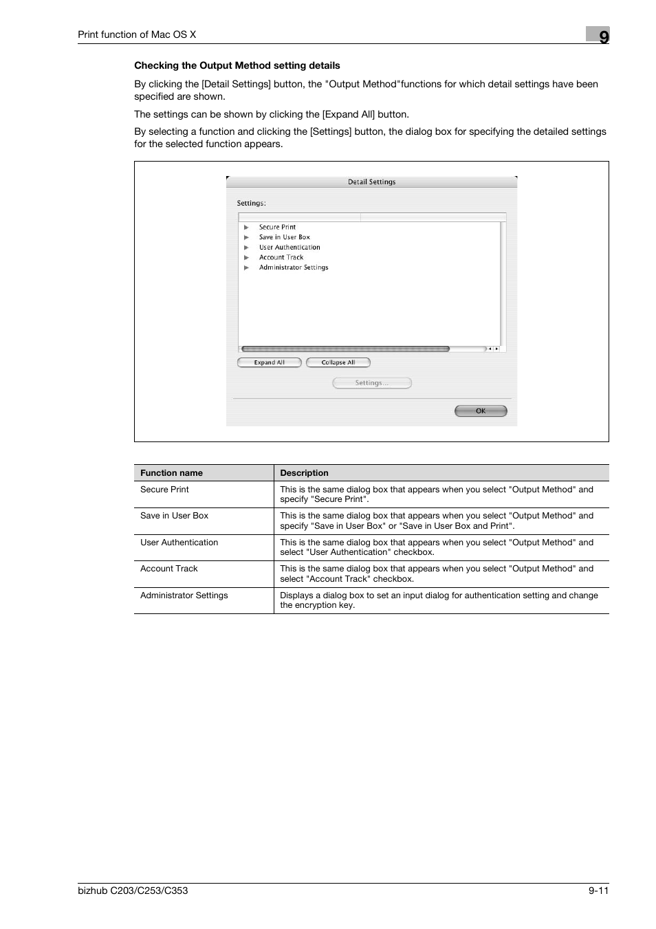 Checking the output method setting details, Checking the output method setting details -11 | Konica Minolta BIZHUB C203 User Manual | Page 117 / 278