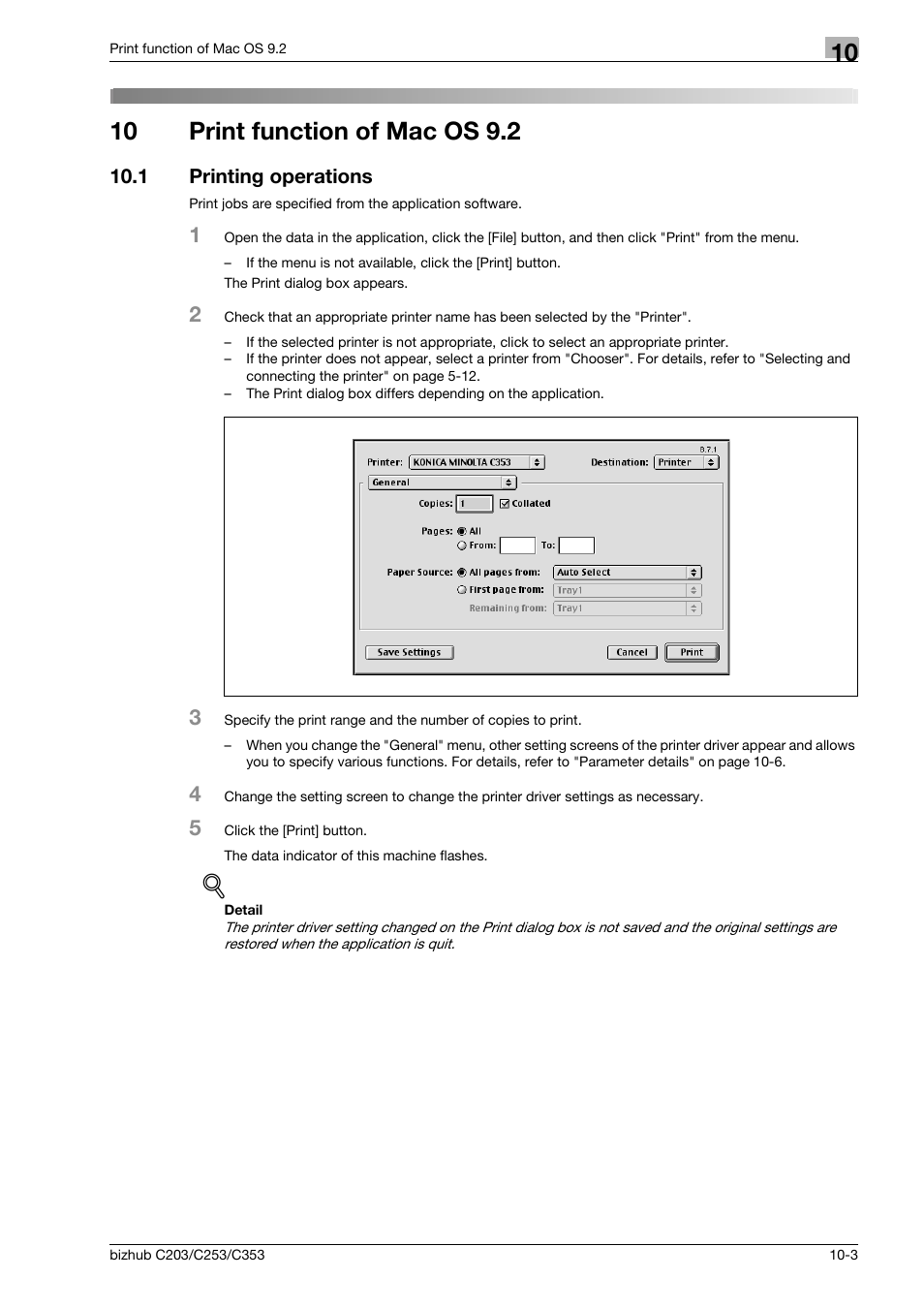 10 print function of mac os 9.2, 1 printing operations, Print function of mac os 9.2 | Printing operations -3 | Konica Minolta BIZHUB C203 User Manual | Page 133 / 278