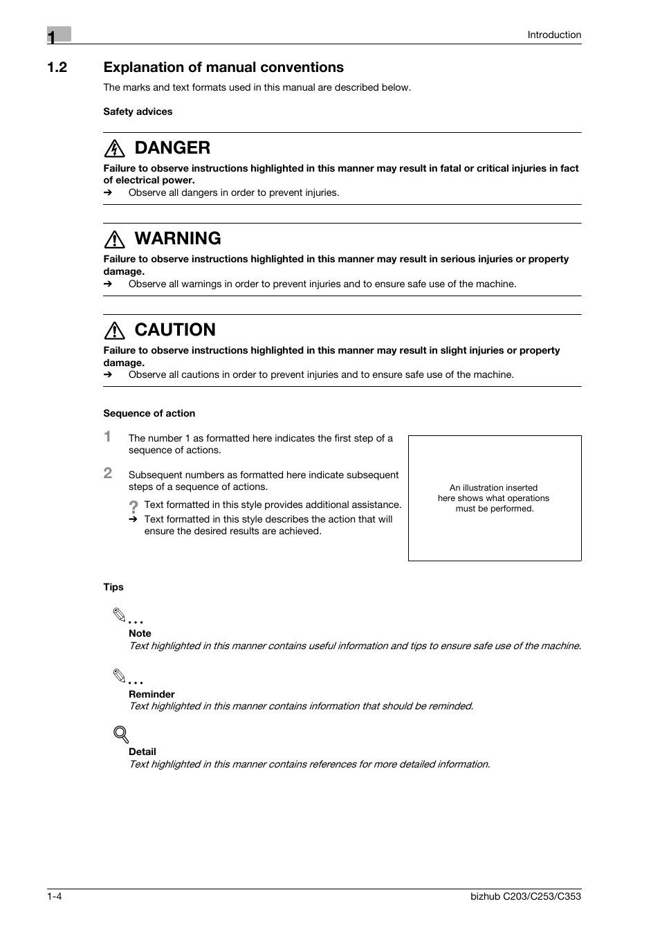2 explanation of manual conventions, Safety advices, Sequence of action | Tips, 6 danger, 7 warning, 7 caution | Konica Minolta BIZHUB C203 User Manual | Page 14 / 278