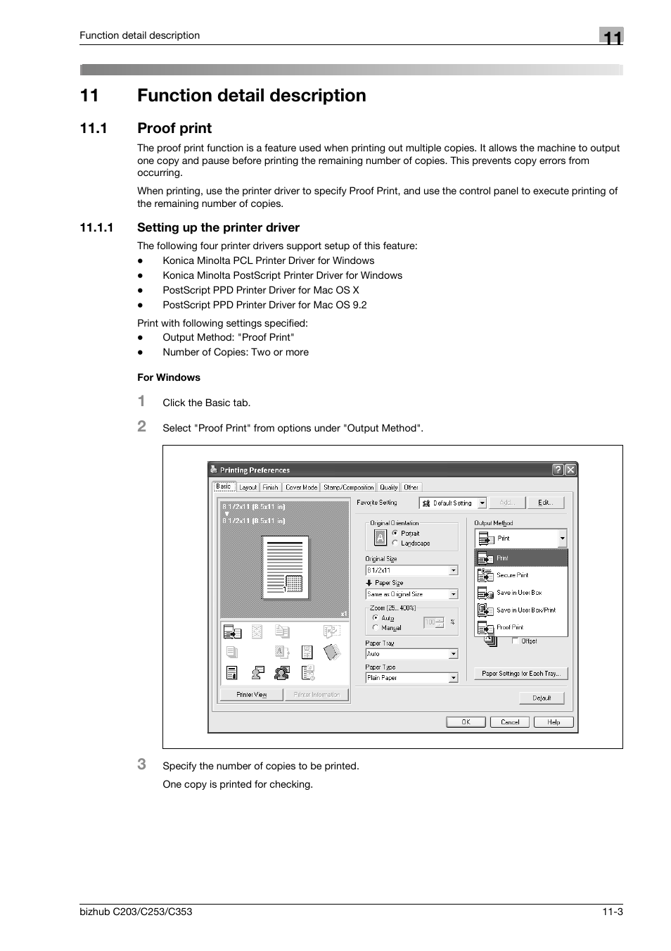 11 function detail description, 1 proof print, 1 setting up the printer driver | For windows, Function detail description, Proof print -3, Setting up the printer driver -3 for windows -3 | Konica Minolta BIZHUB C203 User Manual | Page 143 / 278