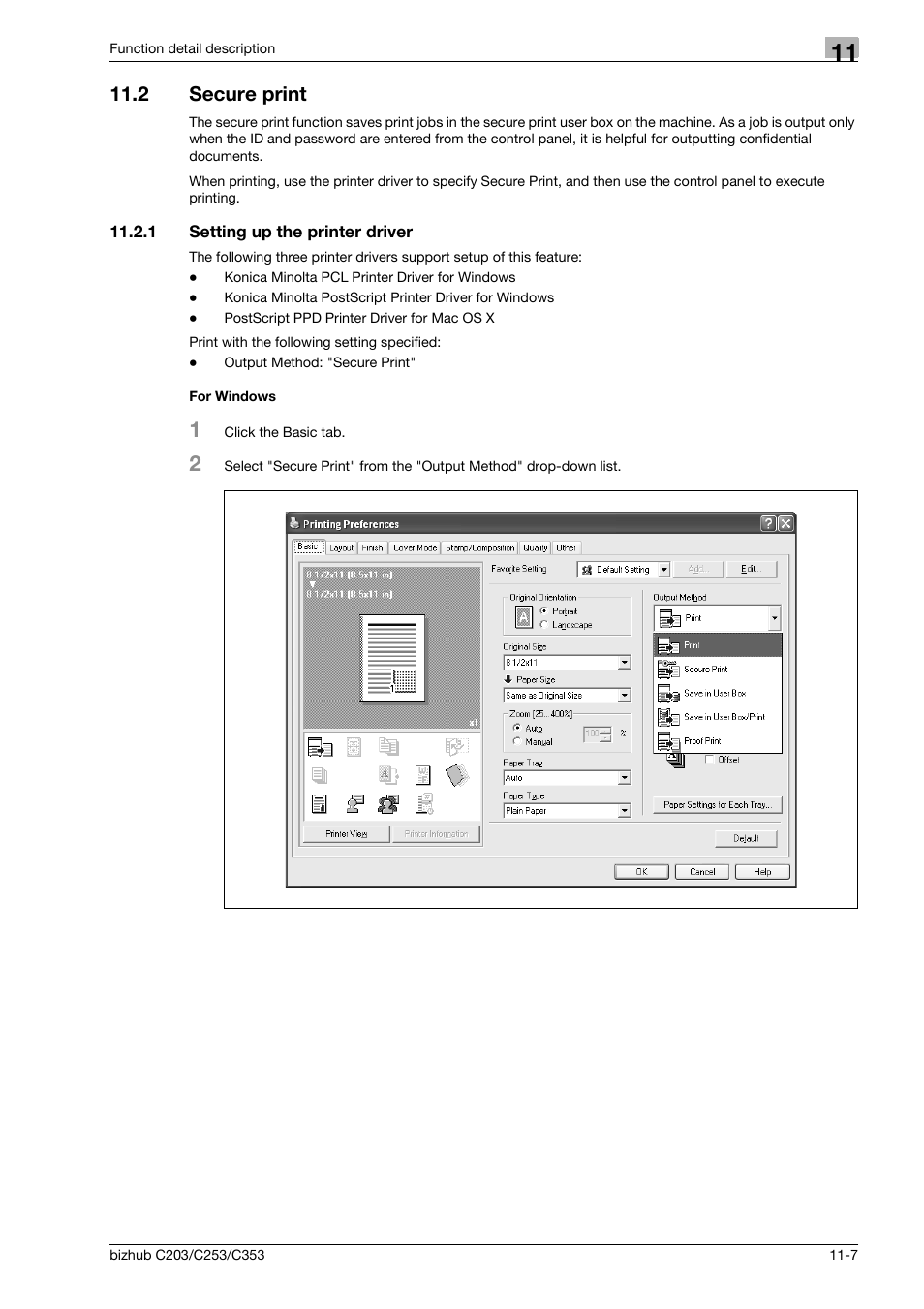 2 secure print, 1 setting up the printer driver, For windows | Secure print -7, Setting up the printer driver -7 for windows -7 | Konica Minolta BIZHUB C203 User Manual | Page 147 / 278