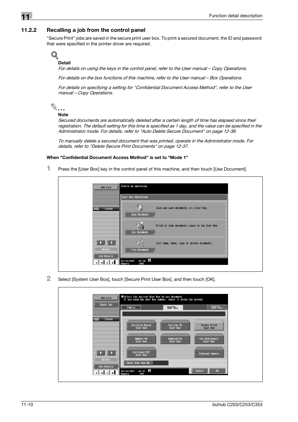 2 recalling a job from the control panel | Konica Minolta BIZHUB C203 User Manual | Page 150 / 278